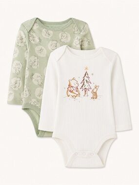 NWT Disney cloud island Sage and Cream 2-Pack Long-Sleeve Baby Bodysuit Set